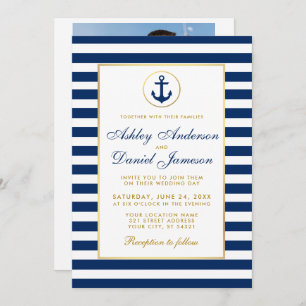Nautical Wedding Blue Stripes Invite BG Photo Back
