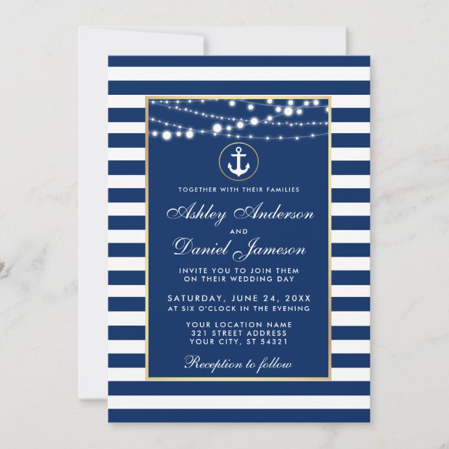 Nautical Wedding Blue Stripes Lights Invitation (Front)