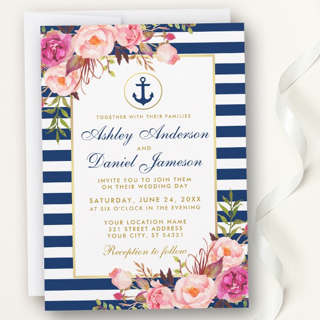 Nautical Wedding Blue Stripes Pink Floral Invite (Customize to change text size, color or text style.)