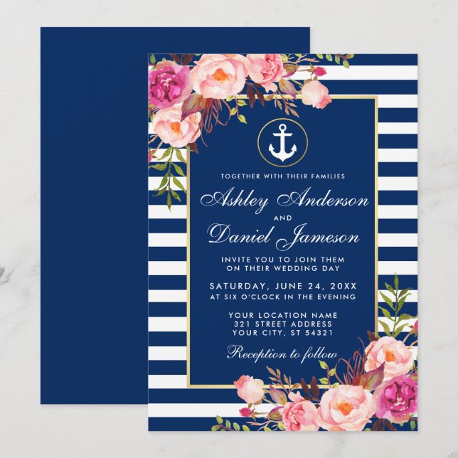 Nautical Wedding Blue Stripes Pink Floral Invite B (Front/Back)