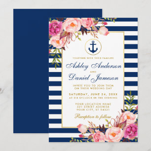 Nautical Wedding Blue Stripes Pink Floral Invite B