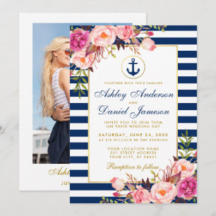 Nautical Wedding Blue Stripes Pink Floral Photo Invitation