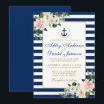 Nautical Wedding Blue Stripes White Pink Floral Invitation<br><div class="desc">Nautical Wedding Blue Stripes Watercolor Pink Blush White Floral Gold Invitation - Blue Back</div>