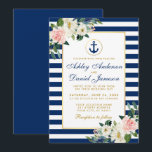 Nautical Wedding Blue Stripes White Pink Floral Invitation<br><div class="desc">Nautical Wedding Blue Stripes Watercolor Pink Blush White Floral Gold Invitation - Blue Back</div>