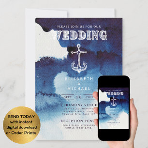 Nautical Wedding Blue White Anchor Digital  Invitation