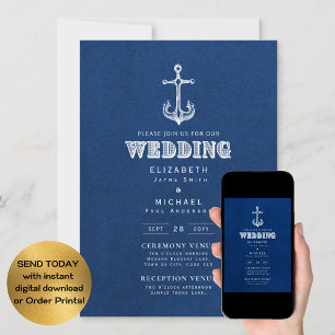 Nautical Wedding Blue White Anchor Digital  Invitation