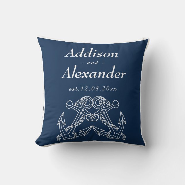 Nautical Wedding Blue White Anchor Names Date Thro Cushion (Front)