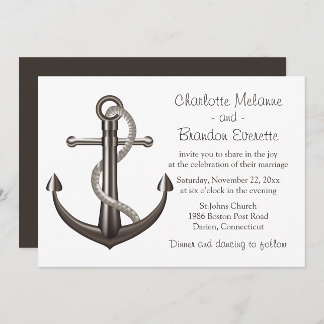 Nautical Wedding Brown Ship Anchor Beach Sailor Invitation (Front/Back)