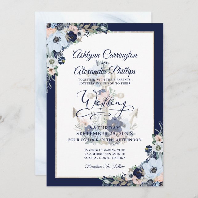 Nautical Wedding Elegant Floral Anchor Invitation (Front/Back)