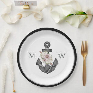 Nautical Wedding Floral Anchor Black and White Paper Plate