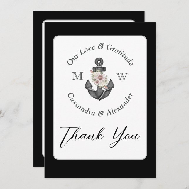 Nautical Wedding Floral Anchor Black and White Thank You Card (Front/Back)