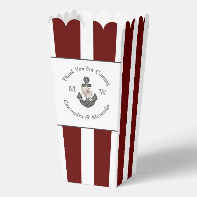 Nautical Wedding Floral Anchor Maroon Burgundy Red Favour Box (Front)