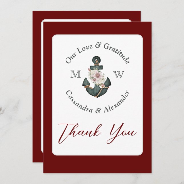 Nautical Wedding Floral Anchor Maroon Rust Red Thank You Card (Front/Back)