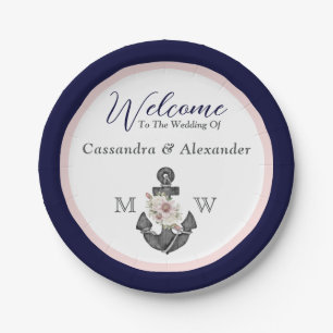 Nautical Wedding Floral Anchor Navy Blue and Pink Paper Plate