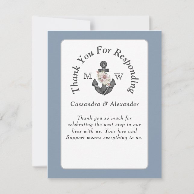 Nautical Wedding Floral Anchor Navy Blue White RSVP Card (Back)