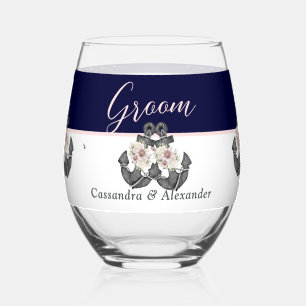Nautical Wedding Floral Anchor Pink and Navy Groom Stemless Wine Glass