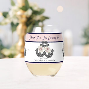 Nautical Wedding Floral Anchor Pink and Navy Wine Stemless Wine Glass
