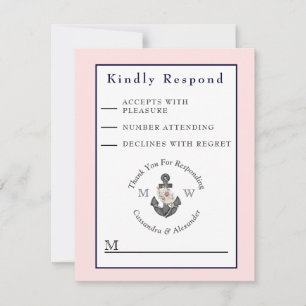 Nautical Wedding Floral Anchor Pink Navy Blue RSVP Card