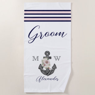 Nautical Wedding Floral Anchor Pink Navy Groom Beach Towel