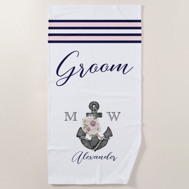 Nautical Wedding Floral Anchor Pink Navy Groom Beach Towel (Front)