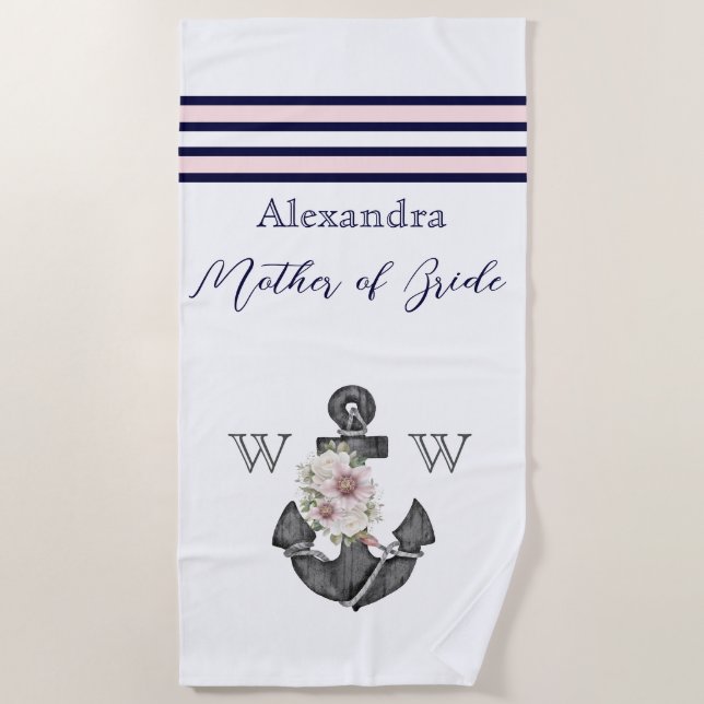 Nautical Wedding Floral Anchor Pink Navy Mother of Beach Towel (Front)