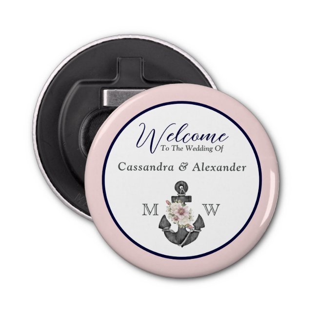 Nautical Wedding Floral Anchor Pink Navy Welcome  Bottle Opener (Front)