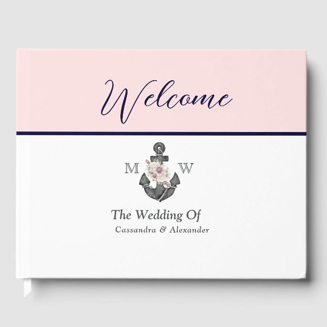 Nautical Wedding Floral Anchor Pink Navy Welcome Guest Book (Front)
