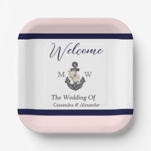 Nautical Wedding Floral Anchor Pink Navy Welcome Paper Plate