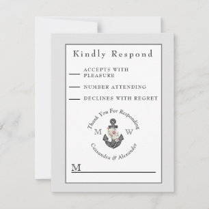 Nautical Wedding Floral Anchor Silver Grey White RSVP Card