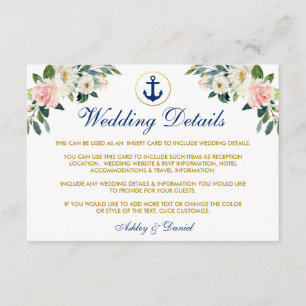 Nautical Wedding Floral Gold Details Insert Card