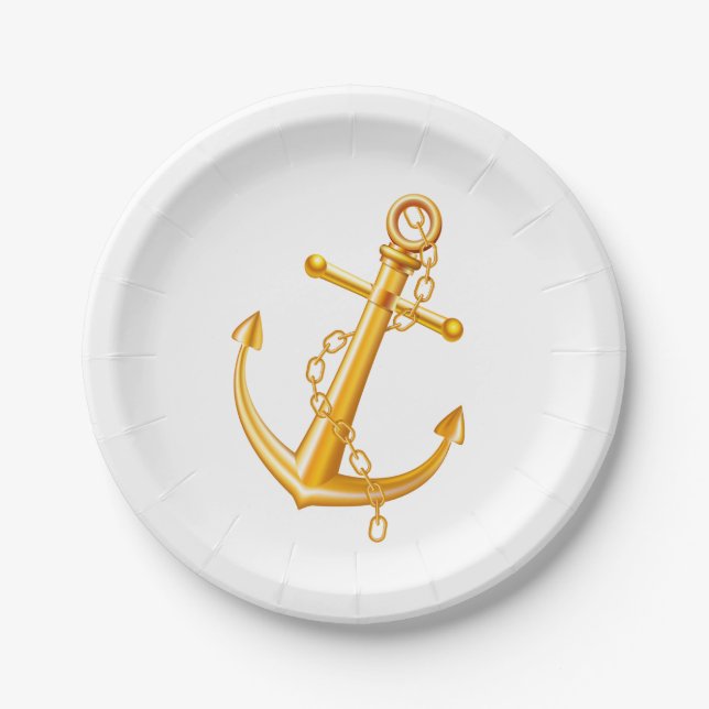 Nautical Wedding Gold Anchor Beach Summer Sailor Paper Plate (Front)
