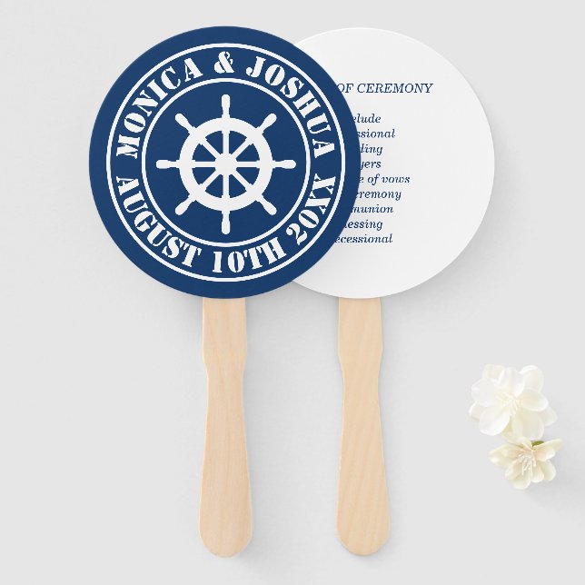Nautical wedding hand fans with ceremony order  (Front and Back)