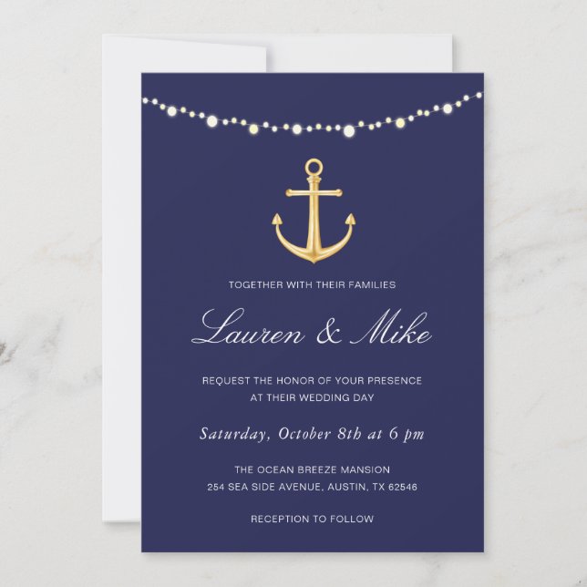 Nautical Wedding Invitation, Navy Gold Anchor Invitation (Front)
