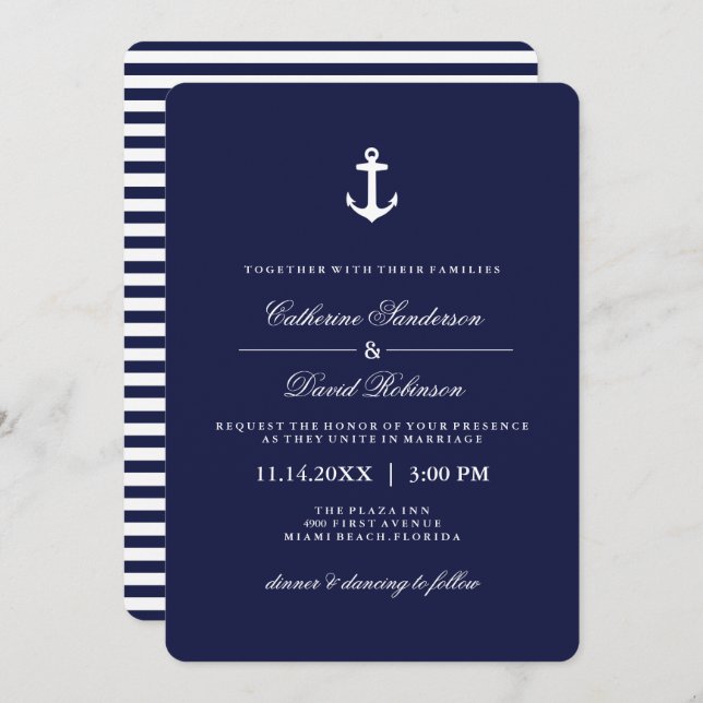 Nautical Wedding Invitations with Navy Stripes (Front/Back)
