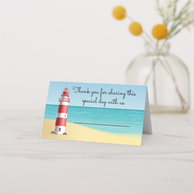 Nautical Wedding Lighthouse Beach Summer Blue Place Card (Front)