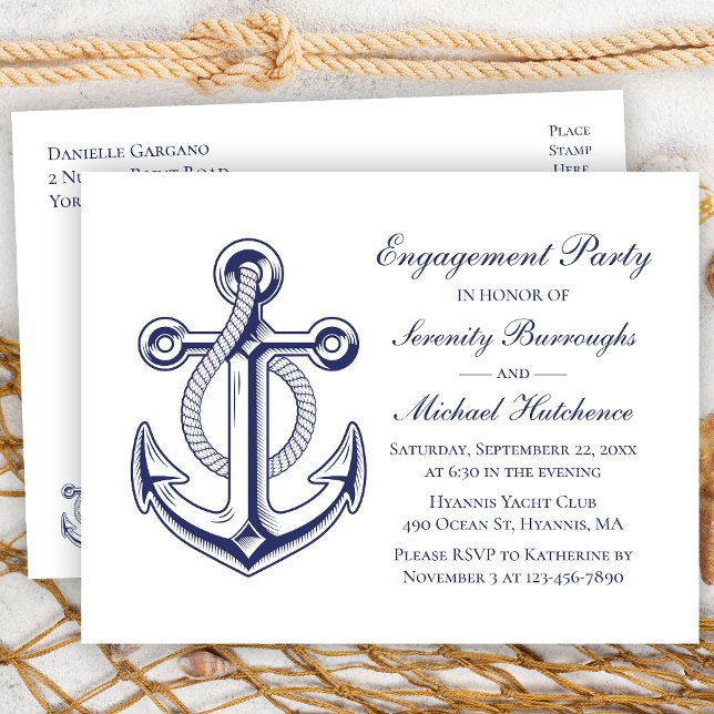 Nautical Wedding Navy Blue Anchor Engagement Party Postcard (Creator Uploaded)