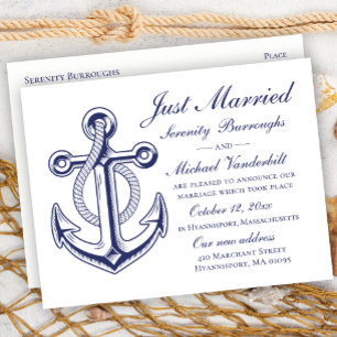 Nautical Wedding Navy Blue Anchor Just Married Announcement Postcard