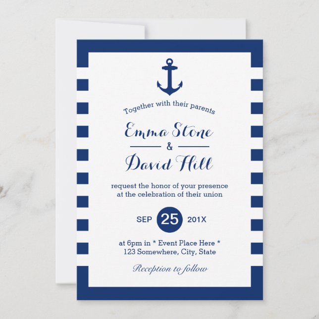 Nautical Wedding Navy Blue Anchor & Stripes Invitation (Front)