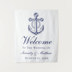 Nautical Wedding Navy Blue Anchor Welcome Sign Tapestry