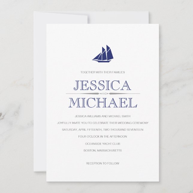 Nautical Wedding Navy Blue Boat With Sails Custom Invitation (Front)