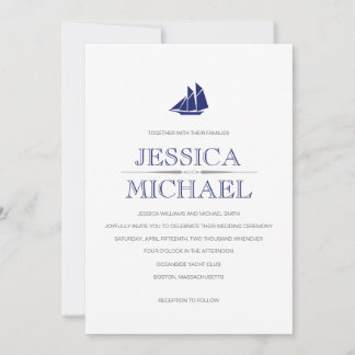 Nautical Wedding Navy Blue Boat With Sails Custom  Invitation