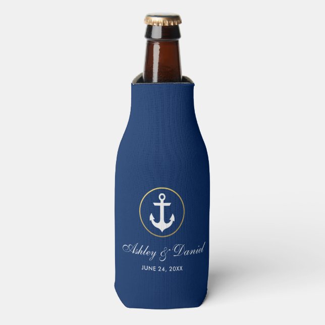 Nautical Wedding Navy Blue Gold Bottle Cooler (Bottle Front)