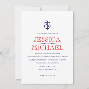 Nautical Wedding Navy Blue Nautical Red Stripes In Invitation