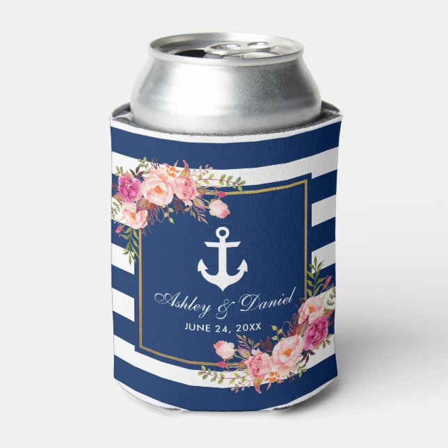 Nautical Wedding Navy Blue Striped Gold Floral Can Cooler (Can Front)