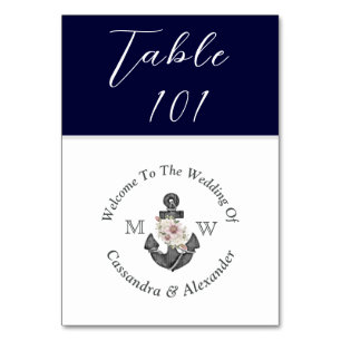 Nautical Wedding Navy Blue White Floral Anchor Table Number