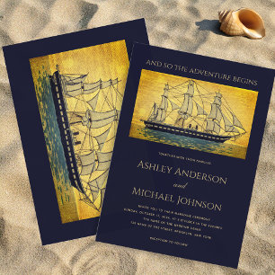 Nautical Wedding Navy Gold Ship Adventure Begins  Invitation