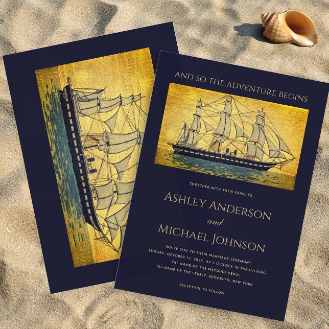 Nautical Wedding Navy Gold Ship Adventure Begins  Invitation (Creator Uploaded)