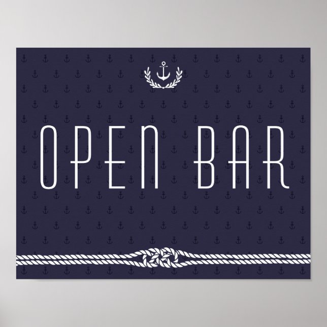 Nautical Wedding Open Bar Sign With Blue Anchors (Front)