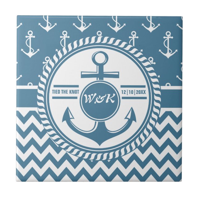 Nautical Wedding or Anniversary Anchor Chevron Ceramic Tile (Front)