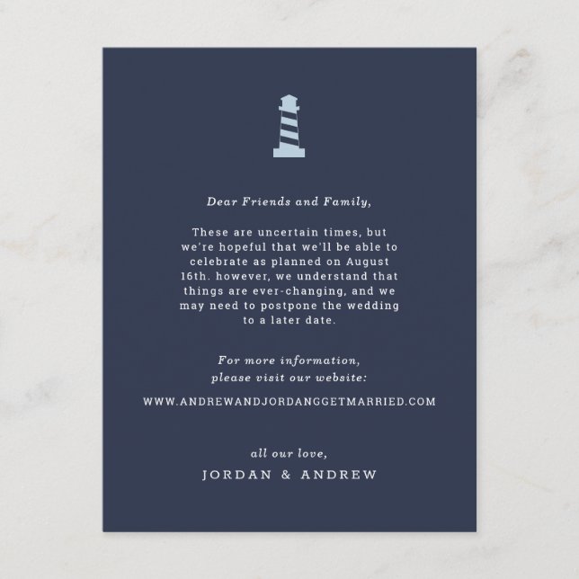 Nautical Wedding Postponement Card Insert Navy (Front)